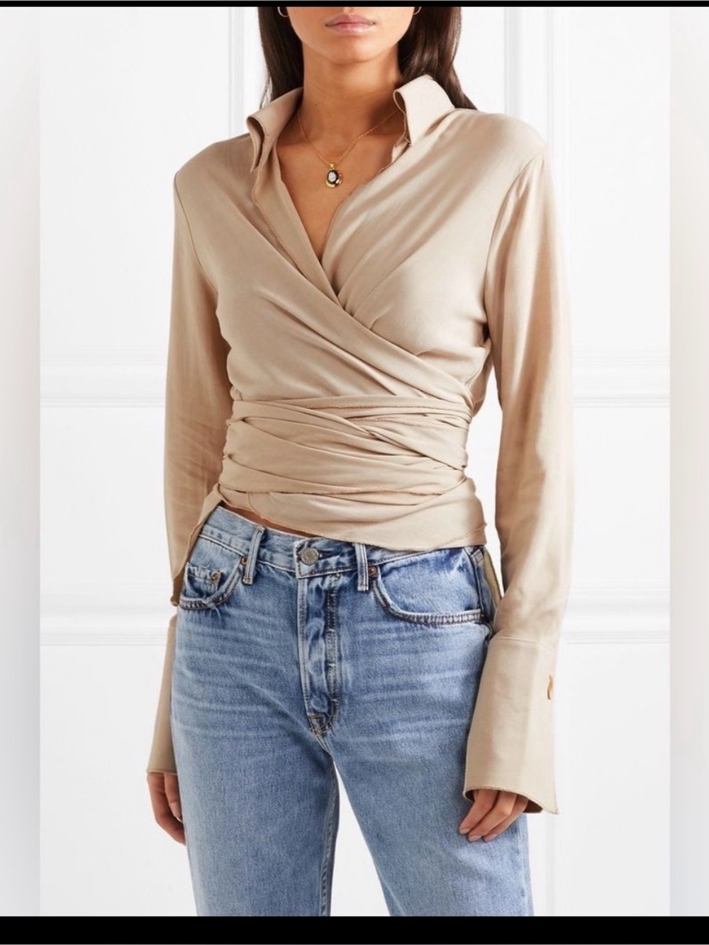 The Line by K Beige Wrap-Style Long Sleeve Blouse
